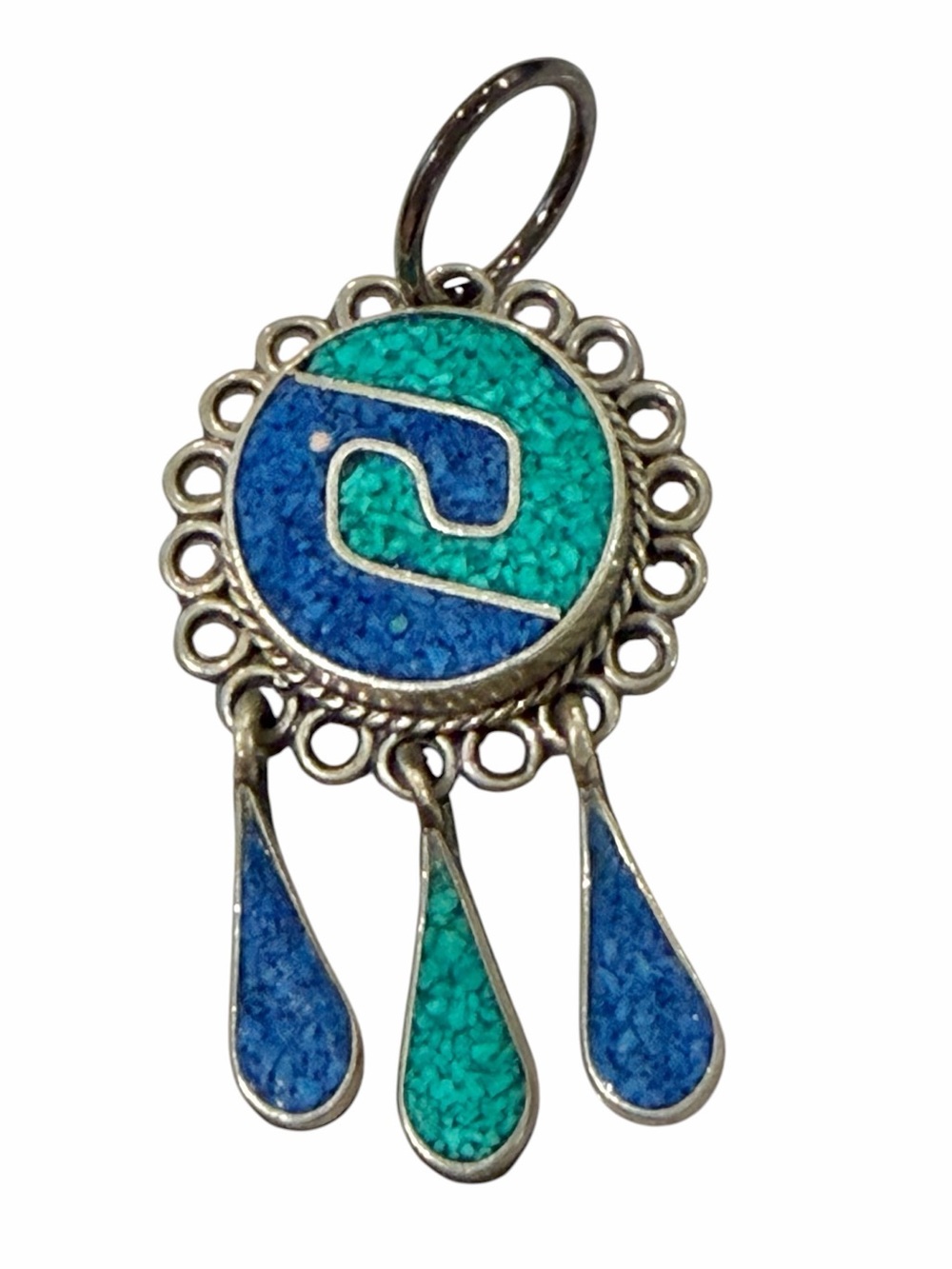 Vintage Mexican Alpaca Mosaic Inlay Dangle Pendant w/20" Silver-Tone Chain